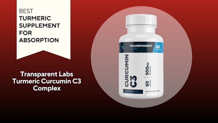 White pill bottle with blue writing that reads "CURCUMIN C3" against a red background